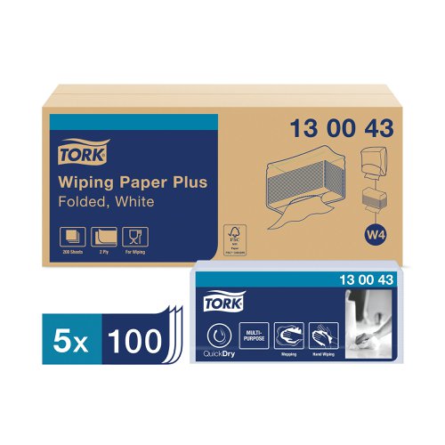 Tork W4 Wiping Paper + White 2-Ply 200 Sheets (Pack of 5) 130043