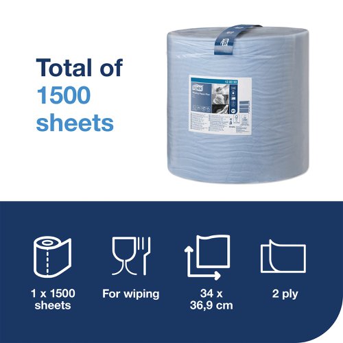 Tork W1 Wiping Paper Plus 2-Ply Blue 130050