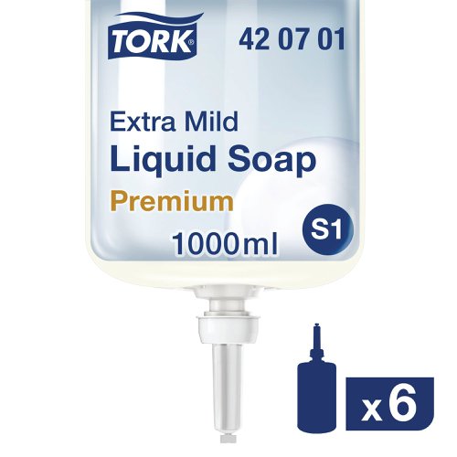 Tork Extra Mild Liquid Soap Refill S1 Non Perfumed 1 Litre (Pack of 6) 420701 | Essity