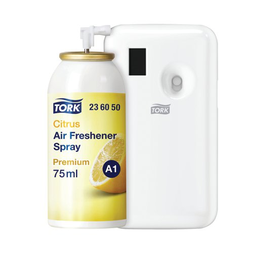 Tork Air Freshener Spray Refill A1 Citrus 75ml (Pack of 12) + FOC Tork Air Freshener Dispenser White