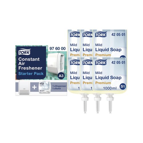 Tork Mild Liquid Hand Soap S1 Refill 1L (Pack of 6) + FREE Air Freshener Pack