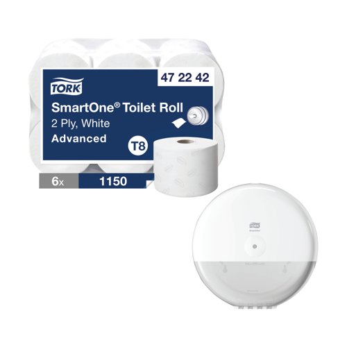 Tork T8 SmartOne 2-Ply Toilet Roll White Pack of 6 + FOC Dispenser