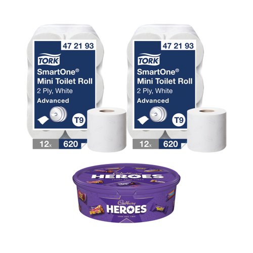 Tork SmartOne T9 Mini Toilet Roll 2-Ply x12 Buy 2 FOC Cadbury Heroes