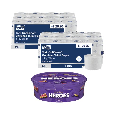 Tork OptiServe Coreless 1-Ply Toilet Roll x24 Buy 2 FOC Cadbury Heroes