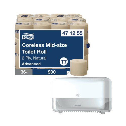 Tork Coreless 2-Ply Toilet Roll (Pack of 36) + Free Tork T7 Toilet Roll Dispenser