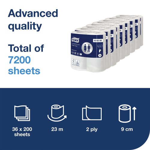 Tork T4 Conventional Toilet Roll Advanced 2-Ply White 200 Sheets (Pack of 36) 100200