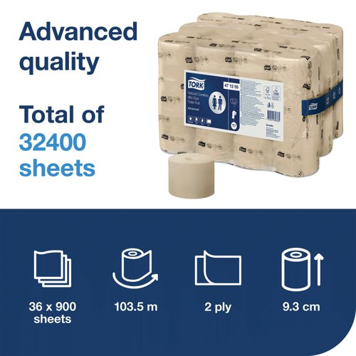 Tork Coreless Mid 2-Ply Toilet Roll Advanced Natural (Pack of 36) 471255