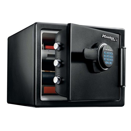 SG02565 | This Master Lock safe features 60% bigger bolts than traditional safes, for improved strength and security. It is UL verified for 1 hour fire protection for paper and digital media and ETL verified water resistant. This safe comes with a secure electronic lock and hardware kit for bolting to the floor. Supplied with a free lifetime after-fire replacement guarantee and Code Retrieval Service, this 22 litre safe also features an internal light.