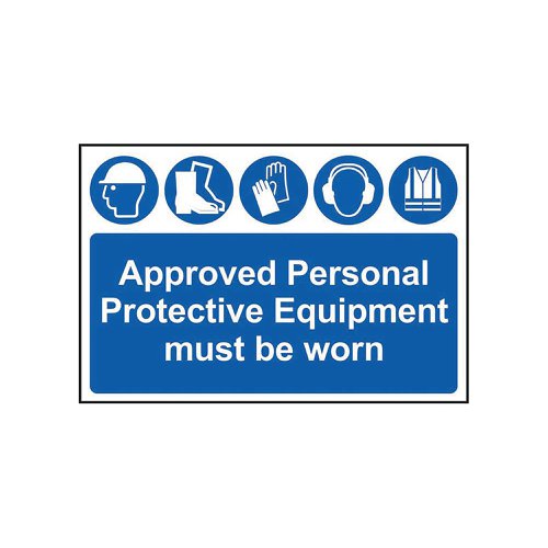 SPT28487 | The Spectrum Approved Personal Protective Equipment Must Be Worn sign is a mandatory sign used to highlight areas in and around a facility that the relevant PPE must be worn. Made from self-adhesive semi-rigid PVC making it easy to apply to a clean dry surface. The sign measures 600x400mm. All our signs conform to the BS EN ISO 7010 regulation, ensuring that all graphical safety symbols are consistent and compliant.