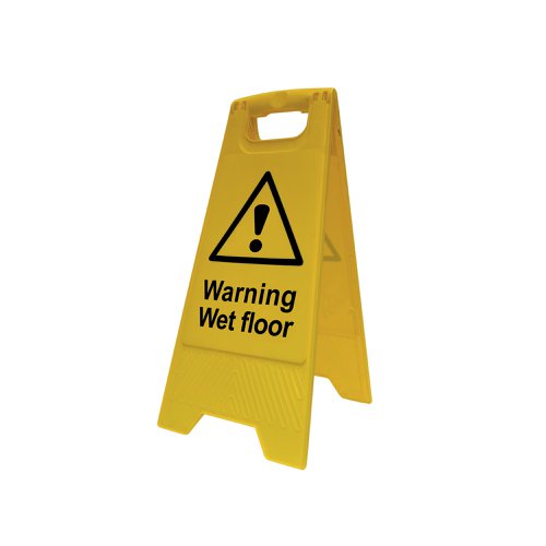 SPT36046 | Made from bright yellow plastic, this sturdy A board is printed with a clear 'Warning Wet floor' message on either side and the universally recognisable symbol for danger. Providing a warning for visitors and staff to avoid any accidents on slippery surfaces, this heavy-duty A board features a handle for carrying and folds flat for easier transport and storage.