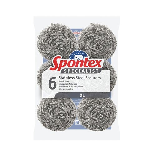 Professional and powerful, Spontex Specialist Stainless Steel Scourers are ideal for removing the toughest burnt on food and grease from baking trays, grills and even barbecues. They are also extra large and easy to rinse out to remove dirt and food particles. Pack of 6.