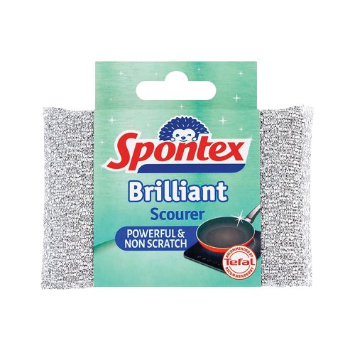 Spontex Brilliant Scourer is powerful, non-scratch and easy to rinse. It efficiently removes stubborn burnt on stains from pots and pans without scratching. It is also recommended by Tefal, the experts in non stick, to clean delicate surfaces without damaging them. Scourer pad size: 130 x 85mm. This scourer has a special surface made with supple fibres and coated with aluminium that is easy to rinse. Spontex Brilliant Scourer can be washed and reused multiple times. When it is no longer fit for its intended use why not find it a new purpose like cleaning bins. This packaging is 100% recyclable, so pop it in your recycling bin. This scourer is super flexible and will get into every nook and cranny. For best results, use wet with your usual detergent or paste. Single pad supplied.