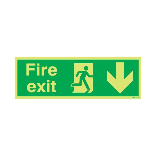 Safety Sign Niteglo Fire Exit Running Man Arrow Down 150x450mm PVC FX04211M | Signs and Labels