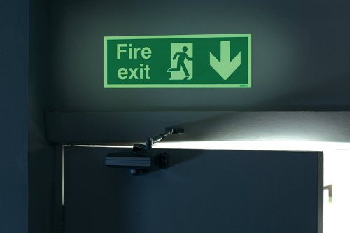 Safety Sign Niteglo Fire Exit Running Man Arrow Down 150x450mm PVC FX04211M | Signs and Labels