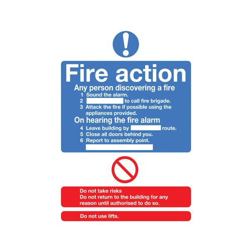 Safety Sign Fire Action Standard A5 Self-Adhesive FR03551S | Signs and Labels