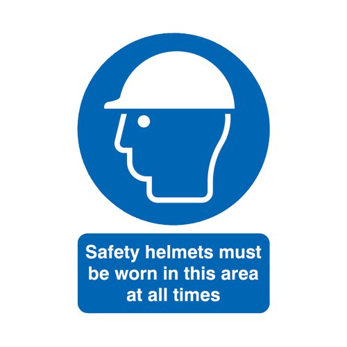 SR11230 | This sign is designed to inform and instruct all visitors, employees and anyone esle arriving on your site that they need to wear safety helmets for their own protection. The universal symbol and recognisable blue and white colour scheme instantly categorises this as a mandatory sign on sight, keeping employees, customers and visitors informed and safe. The durable PVC sign is easily fixed to a variety of surfaces and is suitable for both indoor and outdoor use. This sign is A4 in size.