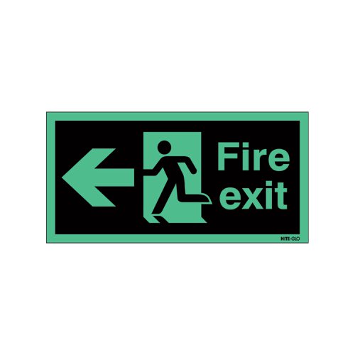 Safety Sign Niteglo Fire Exit Running Man Arrow Left 150x450mm Self-Adhesive NG27A/S