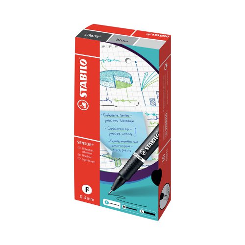 Whether you write with a heavy hand or apply little pressure, the Stabilo SENSOR will adjust to your style to give you a relaxed comfortable writing experience whilst protecting the nib from breakage and wear. The metal encased nib is strong and durable making it particularly suitable for use with a ruler. The 0.3mm Fine line width is perfect for extra fine writing, marking and sketching. Stabilo SENSOR is especially suitable for graphic artists and architects and it will keep going for up to 1,200m. This pack contains 10 Red Pens.