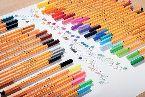 Stabilo point 88 is the perfect pen for fine writing, detailed colouring, underlining, marking and mind-mapping in the widest variety of colours. The iconic design and orange and white stripes of Stabilo point 88 are recognised around the world as a mark of quality and durability. The hexagonal shaped barrel makes this pen extremely comfortable to hold and the metal enclosed fine fibre tip is strong and durable and perfect for use with rulers and stencils. The 0.4mm line width of point 88 is extremely popular with writers who like a very fine nib and with sketchers, graphic artists and students. The huge variety of colours make it the perfect choice for intricate colouring, notetaking, mind-mapping and journaling and diaries. This pack contains 10 assorted colours.