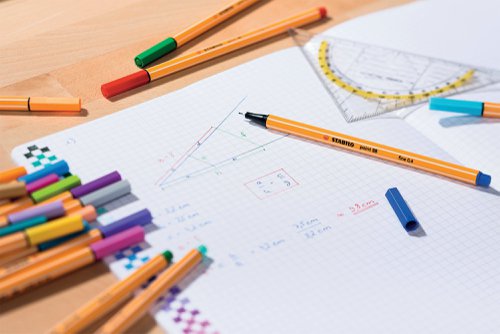 Stabilo point 88 is the perfect pen for fine writing, detailed colouring, underlining, marking and mind-mapping in the widest variety of colours. The iconic design and orange and white stripes of Stabilo point 88 are recognised around the world as a mark of quality and durability. The hexagonal shaped barrel makes this pen extremely comfortable to hold and the metal enclosed fine fibre tip is strong and durable and perfect for use with rulers and stencils. The 0.4mm line width of point 88 is extremely popular with writers who like a very fine nib and with sketchers, graphic artists and students. The huge variety of colours make it the perfect choice for intricate colouring, notetaking, mind-mapping and journaling and diaries. This pack contains 10 assorted colours.