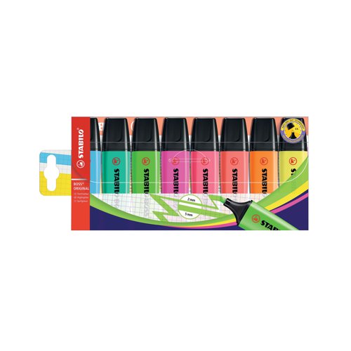 The Stabilo Boss Original is Europe's best selling, most popular highlighter. With its distinctive shape and ultra fluorescent colours, it is a high quality highlighter that writes further, lasts longer and will not dry out. The wedge shape tip can be used to draw broad and fine lines, making it perfect for highlighting, underlining text and even colouring. The Anti Dry Out Technology means the cap can be left off for up to 4 hours and the super bright colours will not fade. This pack contains yellow, pink, orange, green, blue, red, turquoise and lilac.