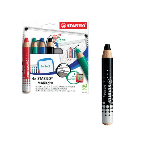 Stabilo Markdry Whiteboard Pencils x4 Assorted FOC x5 Black | Stabilo