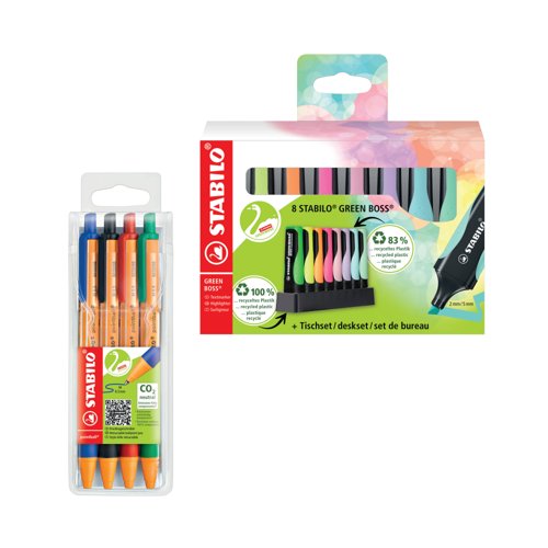 Stabilo Green Boss Highlighter Desk Set Assorted (Pack of 8) + FOC Assorted Pointball Pens