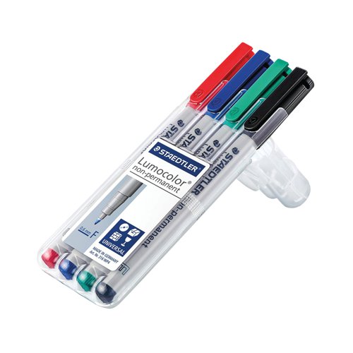 This premium Staedtler Lumocolour pen has been specially developed for use on overhead projection film for high intensity, vibrantly coloured presentations. This versatile pen is also suitable for use on a variety of other surfaces including glass, CDs, plastic, porcelain, wood and leather. The water-soluble ink is fast drying to avoid smudging, but can be easily wiped from film after use using a damp cloth. The fine 0.6mm tip is great for neat, legible writing, drawing, diagrams and more. This pack contains 4 assorted pens in Black, Blue, Green and Red.