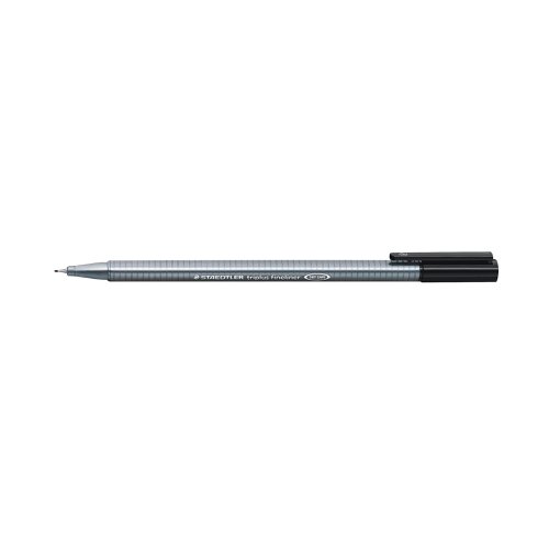 This ergonomically designed Staedtler Triplus Fineliner features a triangular barrel for comfortable writing and a metal-clad tip for durability. The water-based ink washes out of most textiles and is dry safe to allow the pen to be left uncapped for 2 days. The fine 0.6mm tip writes a 0.3mm line width for precise, controlled note-taking. This pack contains 10 black pens.