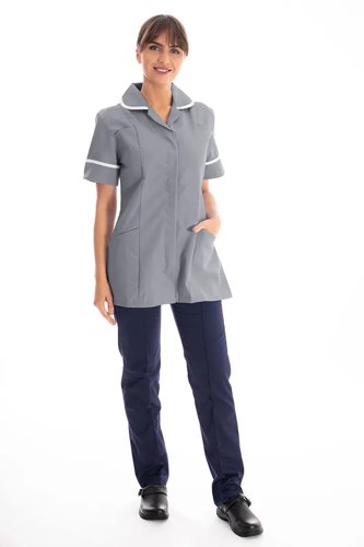 Work in Style Female Nursing Tunic Storm Grey with White Trim 38 Inch DVDTR/STO/WHT/38