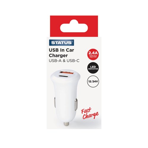 Status In Car Charger USB A/C 12v White S2USBACCC1PK6