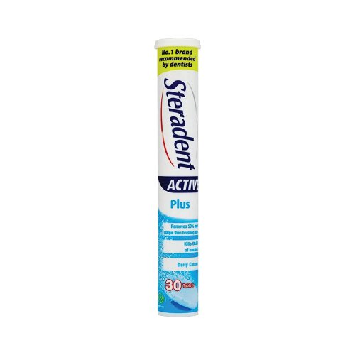 Steradent Active Plus denture cleaner hygienically cleans dentures in just 3 minutes. The formula activates thousands of micro bubbles that carry the active oxygen all around the denture killing 99.9% of bacteria. Steradent Active Plus daily denture cleaning provides a powerful in-depth clean, working where the toothbrush can't go and removing 50% more plaque than brushing alone. The formula is safe for metal parts and also suitable for both full and partial dentures. Always read the instructions before use. 30 tablets per container. Supplied in a pack of 12.