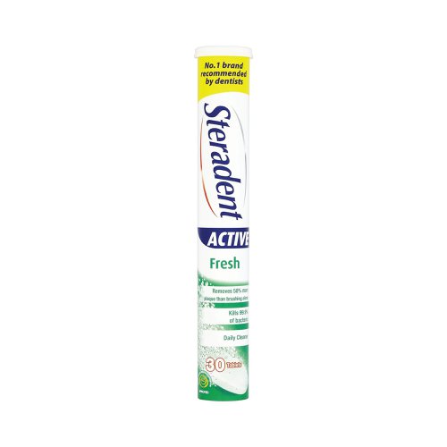 Steradent Active Fresh Tablets hygienically cleans dentures in just 3 minutes. These tablets provide a powerful in-depth clean, removing 50% more plaque than brushing alone. The formula is safe for metal parts and also suitable for both full and partial dentures. With eucalyptus and menthol for daily freshness. Use twice daily, Steradent Active Fresh will leave your dentures feeling perfectly clean. Always read the instructions before use. 30 tablets per container. Supplied in a pack of 12.