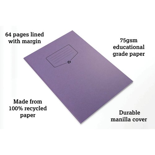 Silvine Recycled Exercise Book Lined with Margin 64 Pages A4 Purple (Pack of 10) EXRE100