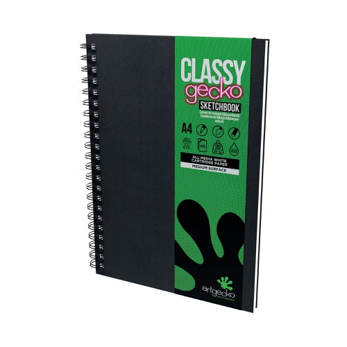 SV03577 | This British made, A4, portrait sketchbook contains 40 sheets (80 pages) of 150gsm, acid free, premium white cartridge paper. The medium surface makes it suitable for all types of media. Encased in a sturdy, black, hardback cover with a 'soft touch' laminated finish, the notebook is both durable and easy to clean. The paper is sized for wet strength, making it more resistant to bleed through and suitable for a variety of techniques. The large twin wire binding allows the sketchbook to lay flat whilst working and offers space for the sketchbook to expand as it fills with creations. Sourced from sustainable forests, this climate friendly notebook is the perfect choice for anyone looking to be more conscious about the environment.