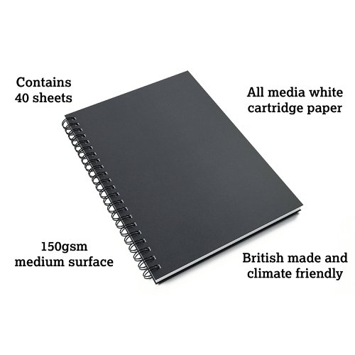 SV03577 | This British made, A4, portrait sketchbook contains 40 sheets (80 pages) of 150gsm, acid free, premium white cartridge paper. The medium surface makes it suitable for all types of media. Encased in a sturdy, black, hardback cover with a 'soft touch' laminated finish, the notebook is both durable and easy to clean. The paper is sized for wet strength, making it more resistant to bleed through and suitable for a variety of techniques. The large twin wire binding allows the sketchbook to lay flat whilst working and offers space for the sketchbook to expand as it fills with creations. Sourced from sustainable forests, this climate friendly notebook is the perfect choice for anyone looking to be more conscious about the environment.