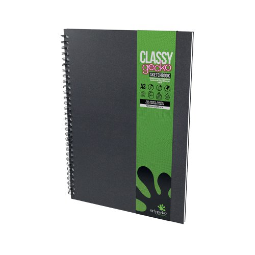 SV03579 | This British made, A3, portrait sketchbook contains 40 sheets (80 pages) of 150gsm, acid free, premium white cartridge paper. The medium surface makes it suitable for all types of media. Encased in a sturdy, black, hardback cover with a 'soft touch' laminated finish, the notebook is both durable and easy to clean. The paper is sized for wet strength, making it more resistant to bleed through and suitable for a variety of techniques. The large twin wire binding allows the sketchbook to lay flat whilst working and offers space for the sketchbook to expand as it fills with creations. Sourced from sustainable forests, this climate friendly notebook is the perfect choice for anyone looking to be more conscious about the environment.