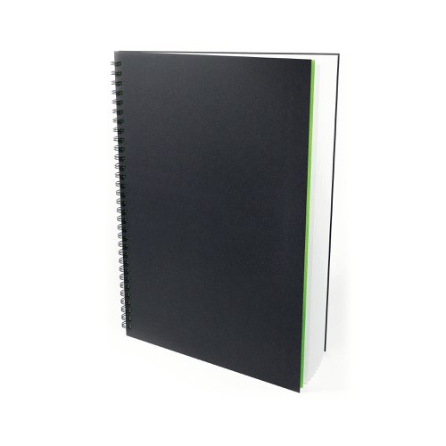 SV03579 | This British made, A3, portrait sketchbook contains 40 sheets (80 pages) of 150gsm, acid free, premium white cartridge paper. The medium surface makes it suitable for all types of media. Encased in a sturdy, black, hardback cover with a 'soft touch' laminated finish, the notebook is both durable and easy to clean. The paper is sized for wet strength, making it more resistant to bleed through and suitable for a variety of techniques. The large twin wire binding allows the sketchbook to lay flat whilst working and offers space for the sketchbook to expand as it fills with creations. Sourced from sustainable forests, this climate friendly notebook is the perfect choice for anyone looking to be more conscious about the environment.