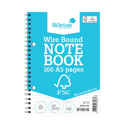 Silvine Envrionmentally Friendly Wirebound Notebook 160 Pages A5 (5 Pack) FSCTWA5