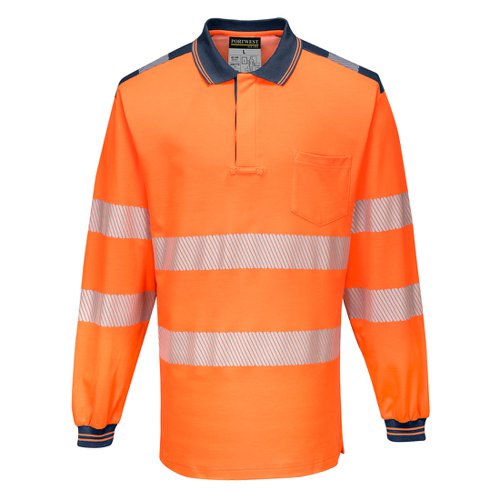 Portwest PW3 Hi Vis Cotton Comfort Polo Shirt L/S S Orange/Navy