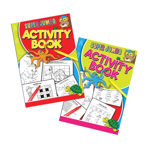 TA04052 | These super jumbo activity books suitable for children come in 2 designs with assorted number, dot to dot and other puzzles to work out. Each book contains 192 pages and is A4 in size. Supplied in a pack of 6, these large activity books will keep children creatively engaged for hours.