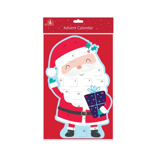 This Santa advent calendar is a stand-up shaped advent calendar. Cut out shape of Santa. Each pack is supplied in a sealed retail pack for display on a cardboard top, with cut out hole for hanging up. Pack of 12.