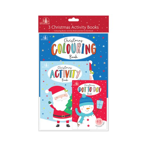 Three chrismas themed activity books in one pack. A selection of activity books includes a colouring book, an activity book and a Dot to Dot book. Supplied in a retail hanging pack. Pack of 6.