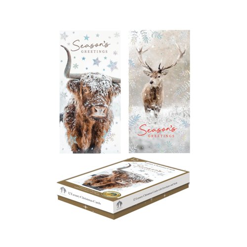 Luxury Boxed Highland Cow/Stag Christmas Cards x12 Pack of 6 X9114B