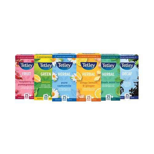 Including a selection of some of Tetley's favourite, premium-enveloped teas, this variety packs is ideal for caterers and casual tea drinkers alike. The Tetley Variety Box is bursting with natural and intense fruity flavours to satisfy any palate, including the below flavours: Raspberry & Pomegranate; Decaf; Zingy Lemon & Ginger; Fresh Mint; Camomile; and Green Lemon. Each flavour contains 25 tea bags. This pack contains 150 tea bags in total (6 x 25).