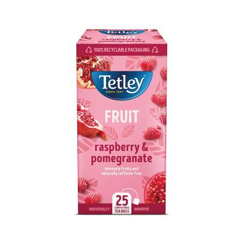 Including a selection of some of Tetley's favourite, premium-enveloped teas, this variety packs is ideal for caterers and casual tea drinkers alike. The Tetley Variety Box is bursting with natural and intense fruity flavours to satisfy any palate, including the below flavours: Raspberry & Pomegranate; Decaf; Zingy Lemon & Ginger; Fresh Mint; Camomile; and Green Lemon. Each flavour contains 25 tea bags. This pack contains 150 tea bags in total (6 x 25).