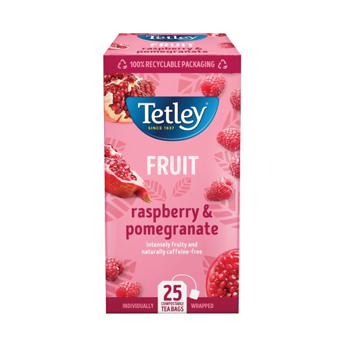 This fruity tea from Tetley combines the smooth, crisp taste of raspberry with mouth-watering pomegranate. A great change to your usual cuppa, this tea is naturally caffeine free and can be enjoyed any time of the day. This pack contains 25 tea bags, for enjoying at home or sharing at work.