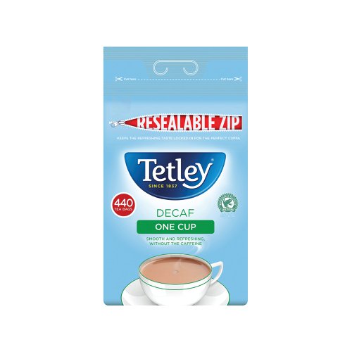 For the taste of freshly brewed tea without the caffeine, use Tetley Decaffeinated One Cup Tea Bags. Specially designed for all round flavour, these bags limit waste and guarantee taste. With a unique blend of Assam, African and Ceylon leaves, you can rest assured you'll get a great cuppa brew after brew. Packed in resealable catering bags, which keep your tea in tip-top condition, you know you can rely on Tetley.