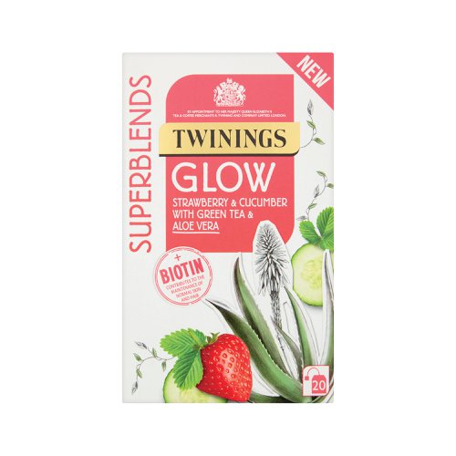 Delicious herbal infusion with green tea, aloe vera and added Biotin. The Superblends Glow has a sweet strawberry and fresh cucumber flavouring for a refreshing drink at any time of the day. To be enjoyed as part of a balanced diet and healthy lifestyle, these tea bags are supplied in a box of 20 envelopes.