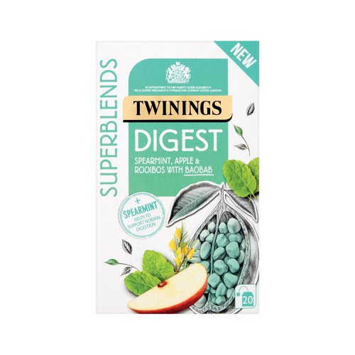 Superblends Digest is a herbal infusion of refreshing spearmint with sweet apple and rooibos. The mellow blend will help soothe and balance digestion with a subtle hint of ginger leaving a soothing warmth after each sip. To be enjoyed as part of a balanced diet and healthy lifestyle, these tea bags are supplied in a box of 20 envelopes.